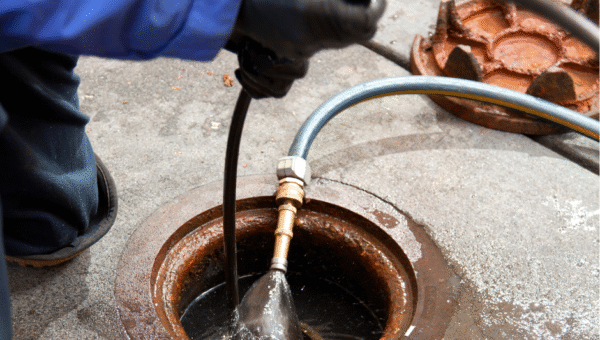 A plumber Toronto wearing gloves and a blue jacket uses equipment to unclog a drain, with water spraying inside the circular metal opening on a concrete surface. A removed drain cover sits nearby.