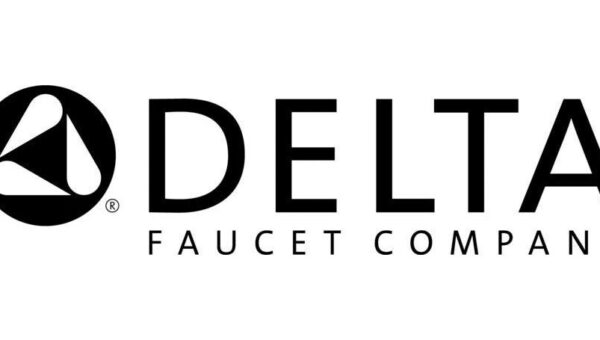 Delta Faucet Company logo featuring a black and white triangular emblem to the left of the bold word DELTA, with Faucet Company in smaller capital letters underneath.