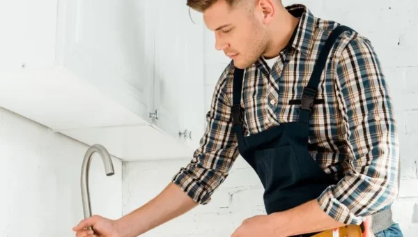 A plumber Toronto wearing a plaid shirt and overalls installs a kitchen sink, holding the faucet with one hand and supporting the sink with the other. Tools are visible in the belt around his waist.