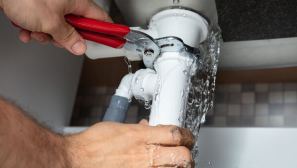 A plumber Toronto uses a red-handled wrench to repair a leaking white PVC pipe under a sink, with water streaming out of the joint and onto their hands.