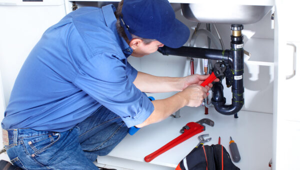 A plumber wearing a blue shirt and cap kneels under a kitchen sink, using a red pipe wrench to fix black pipes. A toolbox with tools lies open on the floor beside him.