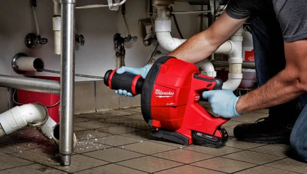 A plumber Toronto wearing blue gloves uses a red Milwaukee power drain cleaner tool to unclog pipes under a sink in a tiled room with visible plumbing.