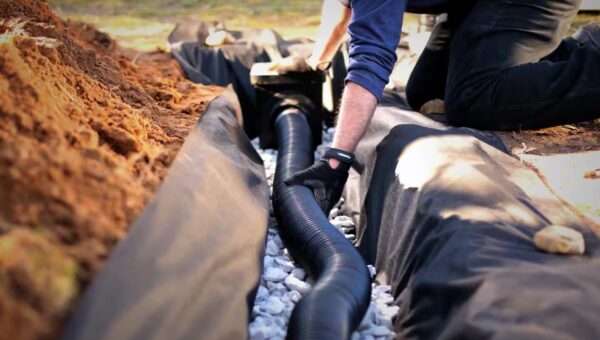 A plumber Toronto wears gloves while installing a black drainage pipe over white gravel in a trench lined with black fabric, outdoors on a sunny day.