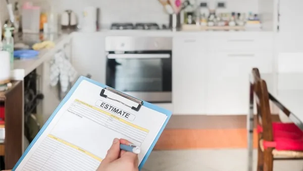 A person holding a clipboard with an estimate form, illustrating how it works while standing in a modern kitchen with a stove, countertop appliances, and dining area in the background.