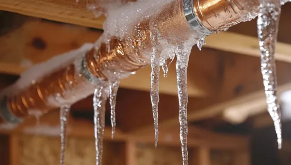A copper pipe in a basement is covered in frost and ice, with long icicles hanging down, indicating that the pipe has frozen—it's time to call a plumber Toronto residents can trust.