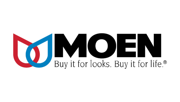The Moen logo features overlapping red and blue drop shapes next to the word MOEN in bold black letters, with the tagline Buy it for looks. Buy it for life. underneath.