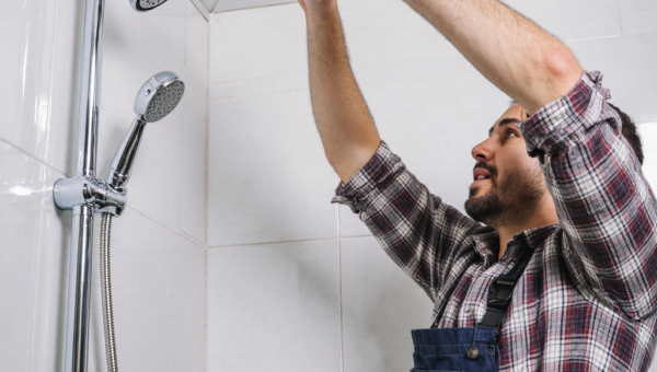 A plumber Toronto in a plaid shirt and overalls is standing in a bathroom, installing or fixing a round showerhead on the ceiling. Two other showerheads are attached to the wall beside him.