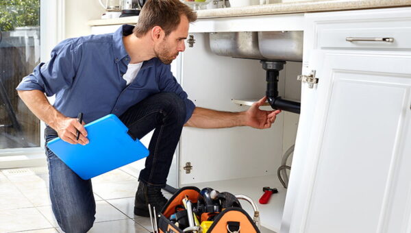A man kneels in front of an open kitchen cabinet, inspecting the kitchen plumbing under the sink while holding a blue clipboard. A toolbox with various tools is on the floor nearby.
