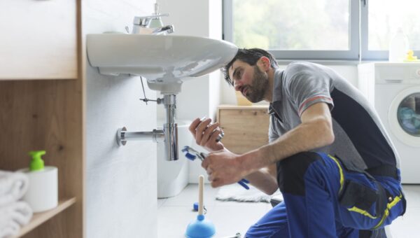 A plumber crouches under a bathroom sink, holding tools while fixing the pipes. A plunger, soap dispenser, and towels are nearby. A washing machine is visible in the background.