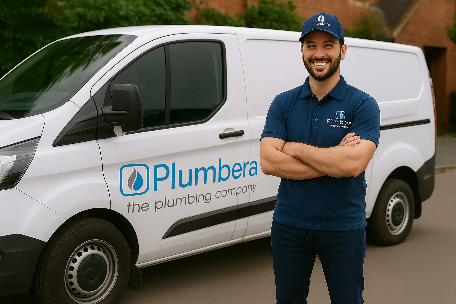 A smiling plumber in a blue uniform and cap stands with arms crossed next to a white van labeled Plumbera, the plumbing and Mold Remediation GTA company, on a residential street.