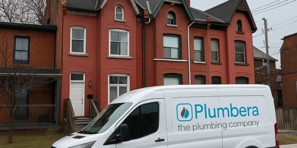 A white van with Plumbera the plumbing company logo, known for Mold Remediation GTA, is parked on a street in front of red brick houses on a cloudy day. The company's blue and gray branding is visible on the van and below the image.