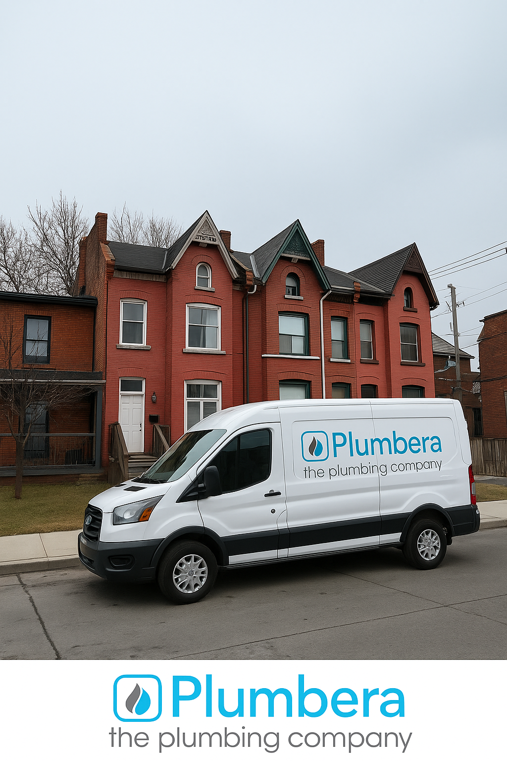 A white van with Plumbera the plumbing company logo, known for Mold Remediation GTA, is parked on a street in front of red brick houses on a cloudy day. The company's blue and gray branding is visible on the van and below the image.