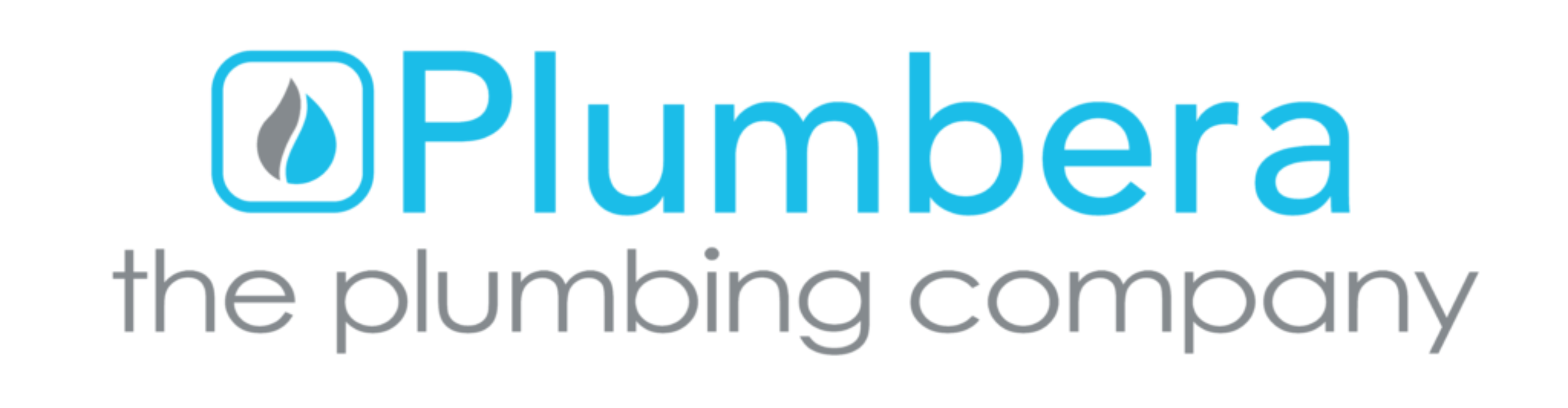 Logo for Plumbera the plumbing company with a blue water drop inside a rounded square next to the word Plumbera in blue, and the plumbing company in gray below.
