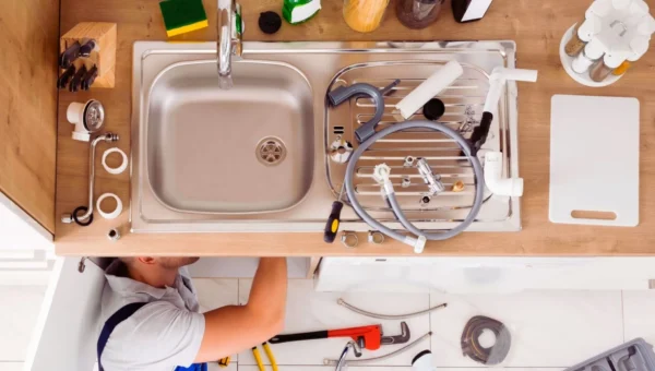 A person is repairing plumbing under a kitchen sink, with various tools and plumbing parts spread out on the countertop above the sink—an ideal setting for mold removal Toronto services if any water damage or mildew is discovered.