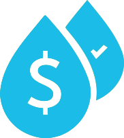 Two blue water droplets, one with a white dollar sign and the other with a white checkmark, symbolizing financial value or cost related to water.