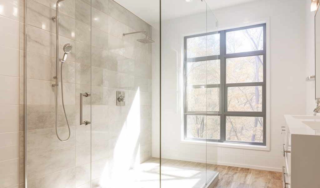 A modern bathroom featuring a spacious glass-enclosed shower installation, two rainfall showerheads, marble-tiled walls, a large window with natural light, and wood-style flooring.