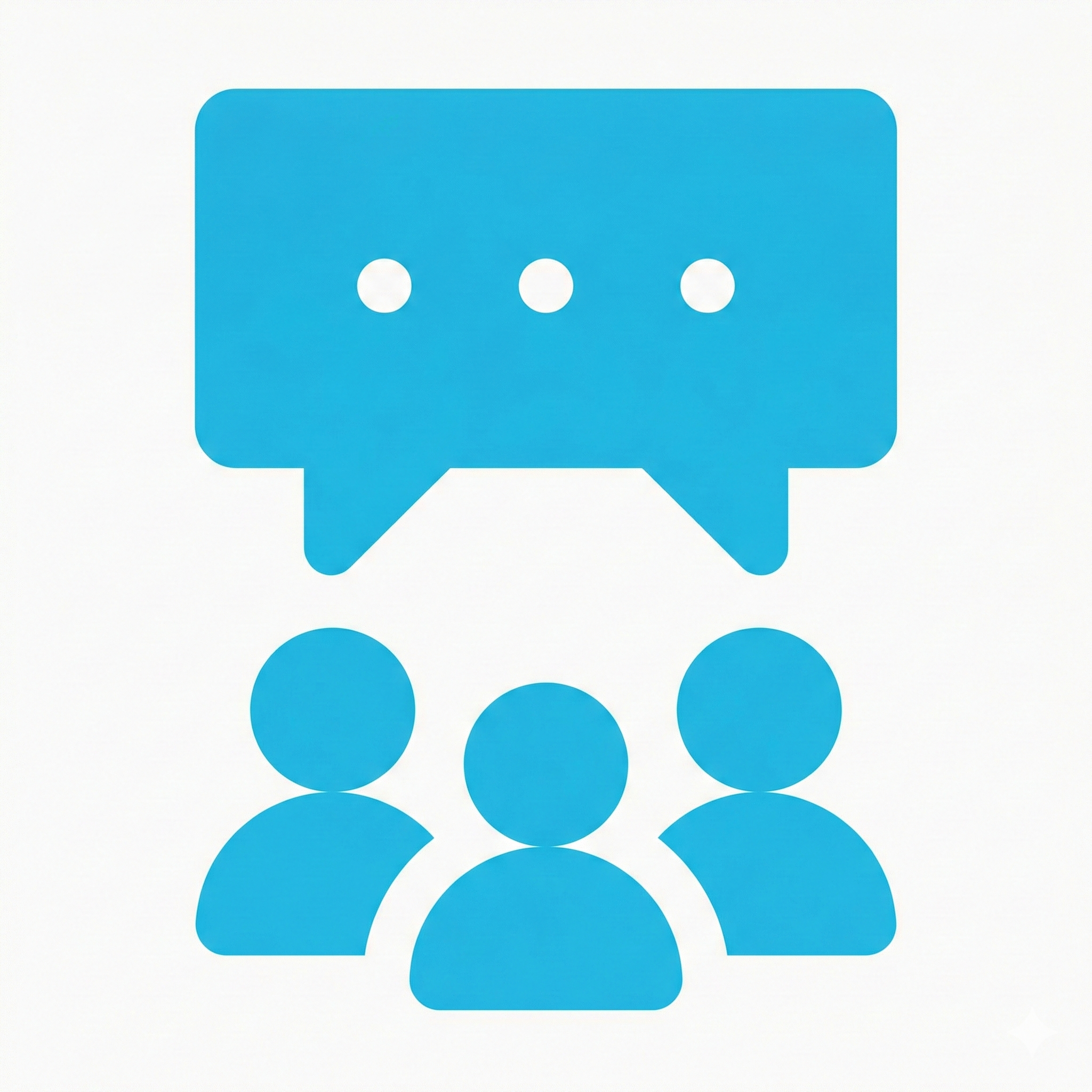 A blue icon shows three people figures below a speech bubble with three dots, symbolizing group communication or discussion.