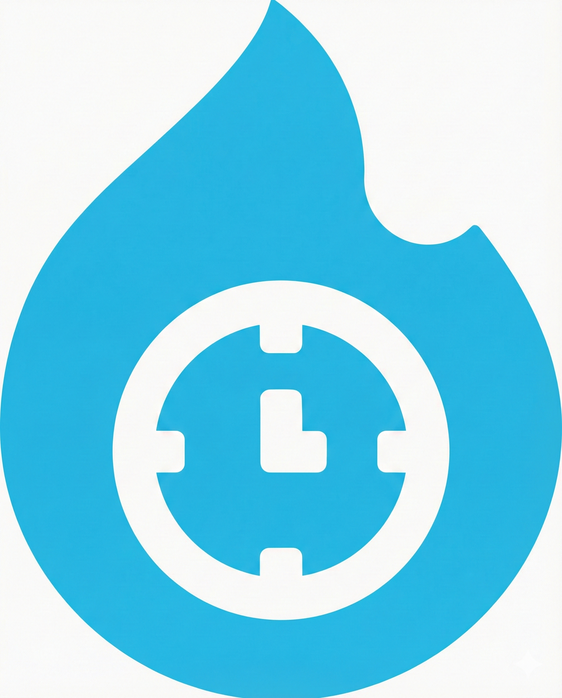 A blue flame-shaped icon with a clock face in the center and a bite mark on the upper right side of the flame.