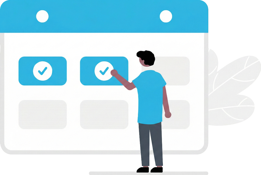 Illustration of a person standing in front of a large calendar, selecting a date marked with a checkmark—perfect for scheduling your plumber Toronto appointment. The calendar and the person’s shirt are both blue and white.