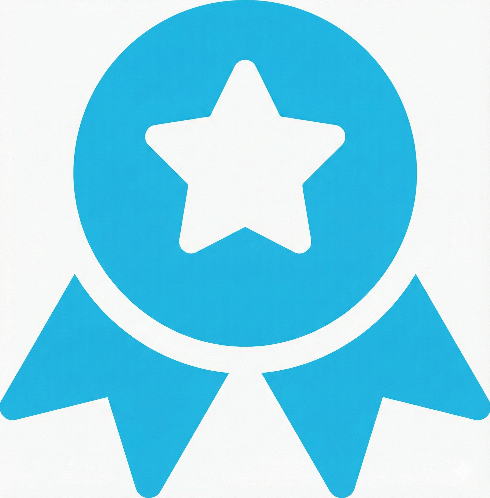A blue award ribbon icon with a white star in the center, featuring two ribbon tails at the bottom, on a white background.